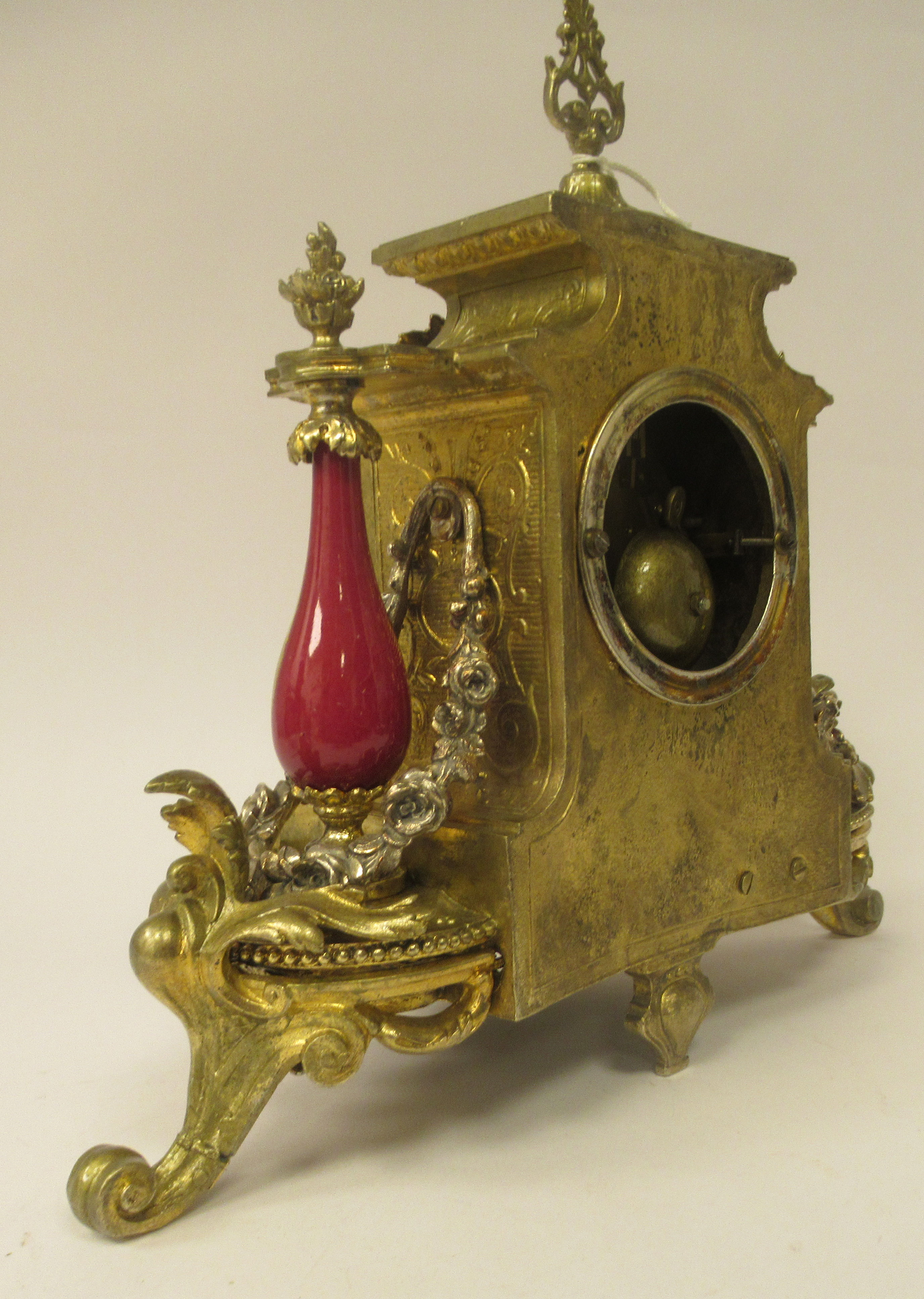 A late 19thC French Brunfaut gilt metal and painted porcelain cased mantel clock with pillared - Image 5 of 7