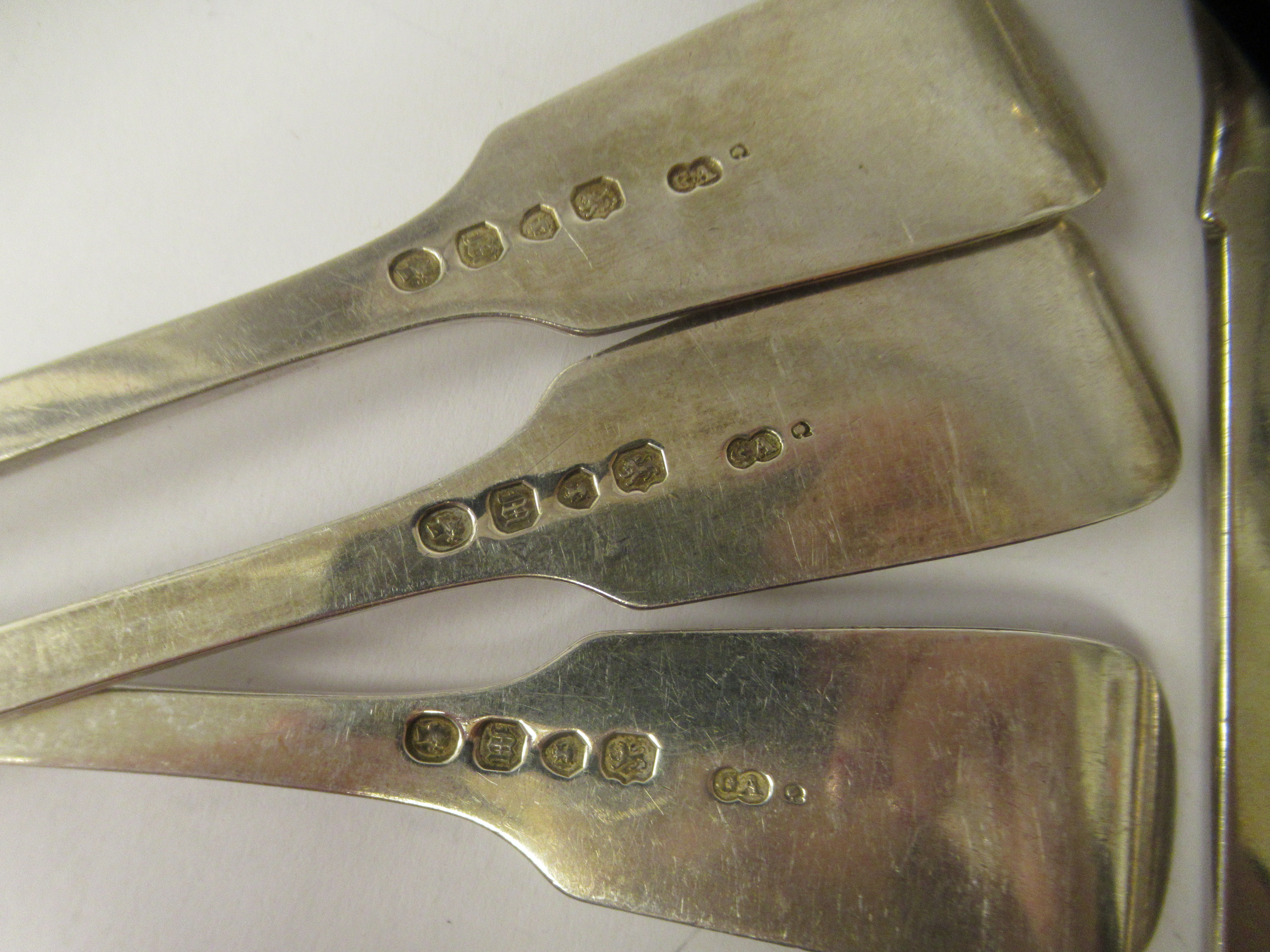 A matched set of six 19thC silver fiddle and shell pattern table forks  mixed marks - Image 4 of 4