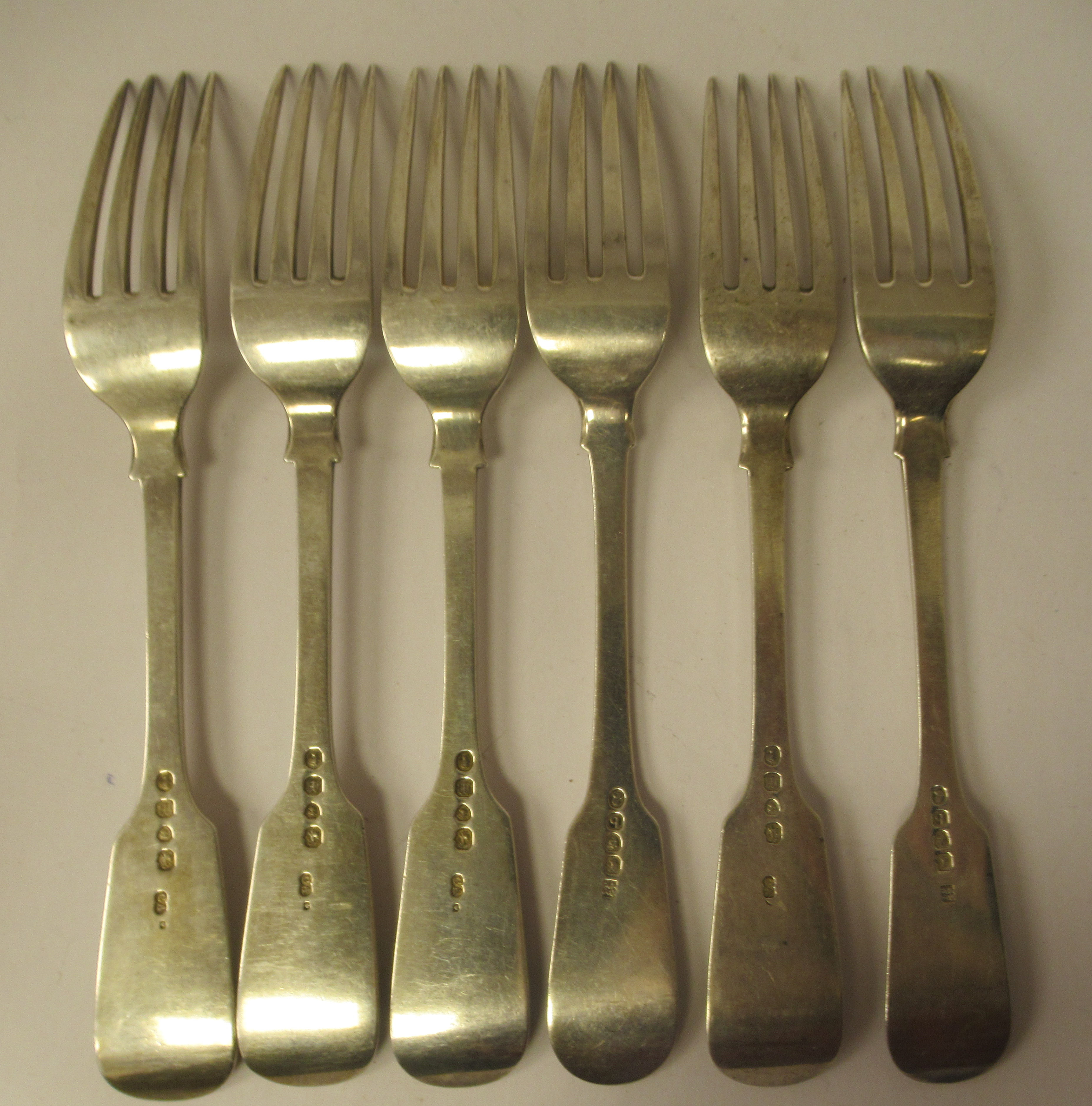 A matched set of six 19thC silver fiddle and shell pattern table forks  mixed marks - Image 3 of 4