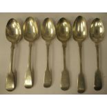 A matched set of six 19thC silver fiddle pattern dessert spoons  mixed marks
