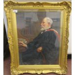 CE Butler - a schoolmaster wearing his academics gown, seated at a desk  oil on canvas  bears a