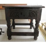 A late 18thC rustically constructed oak, converted joint stool/Bible box, raised on turned and block