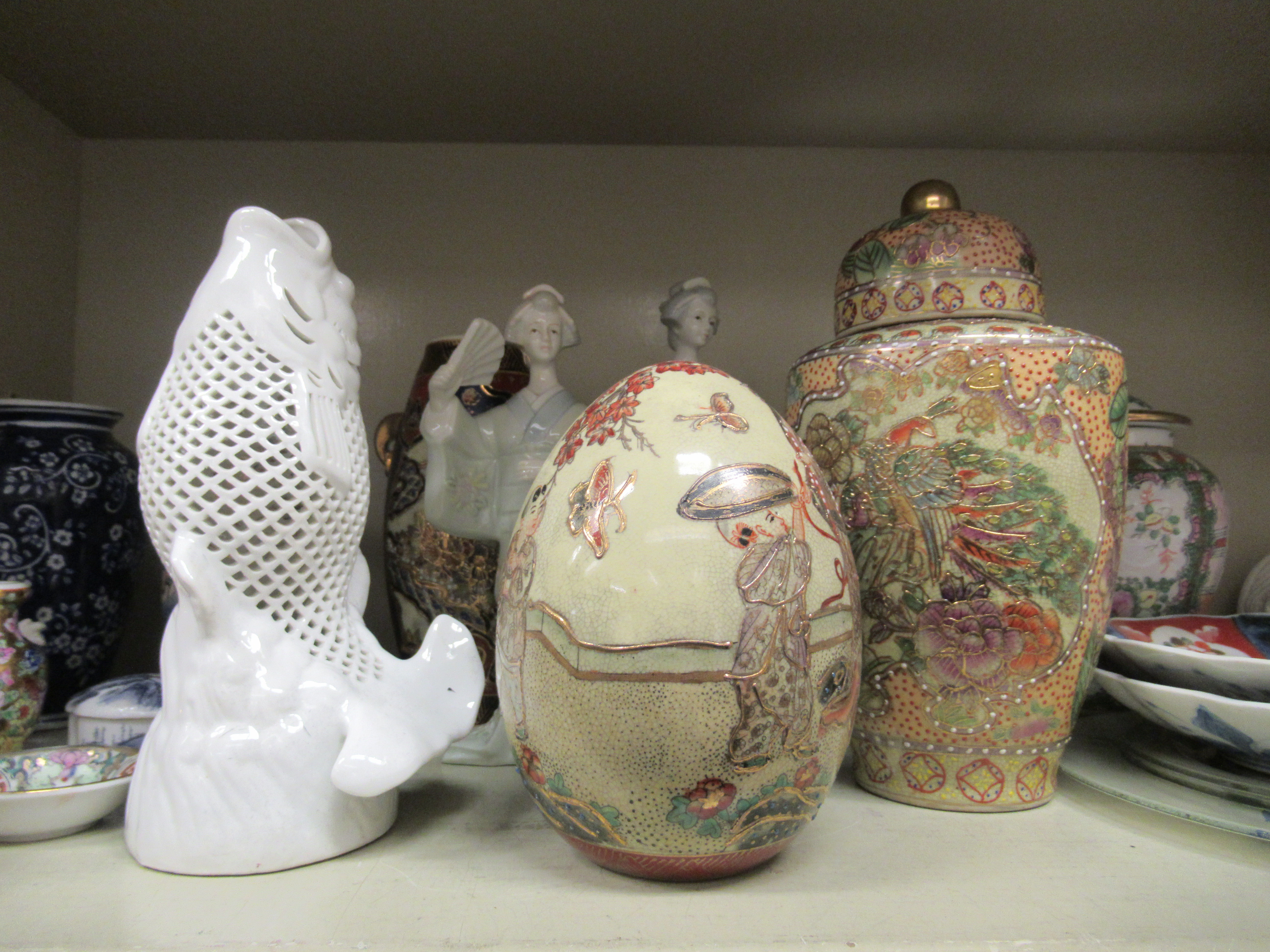 20thC Oriental ceramics: to include two covered vases  9" & 10"h; and a standing female figure, - Image 3 of 6