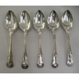 A matched set of five silver shell and thread pattern table spoons  mixed marks