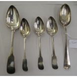 Irish silver spoons: to include two table spoons Dublin 1759; and three dessert spoons  Dublin