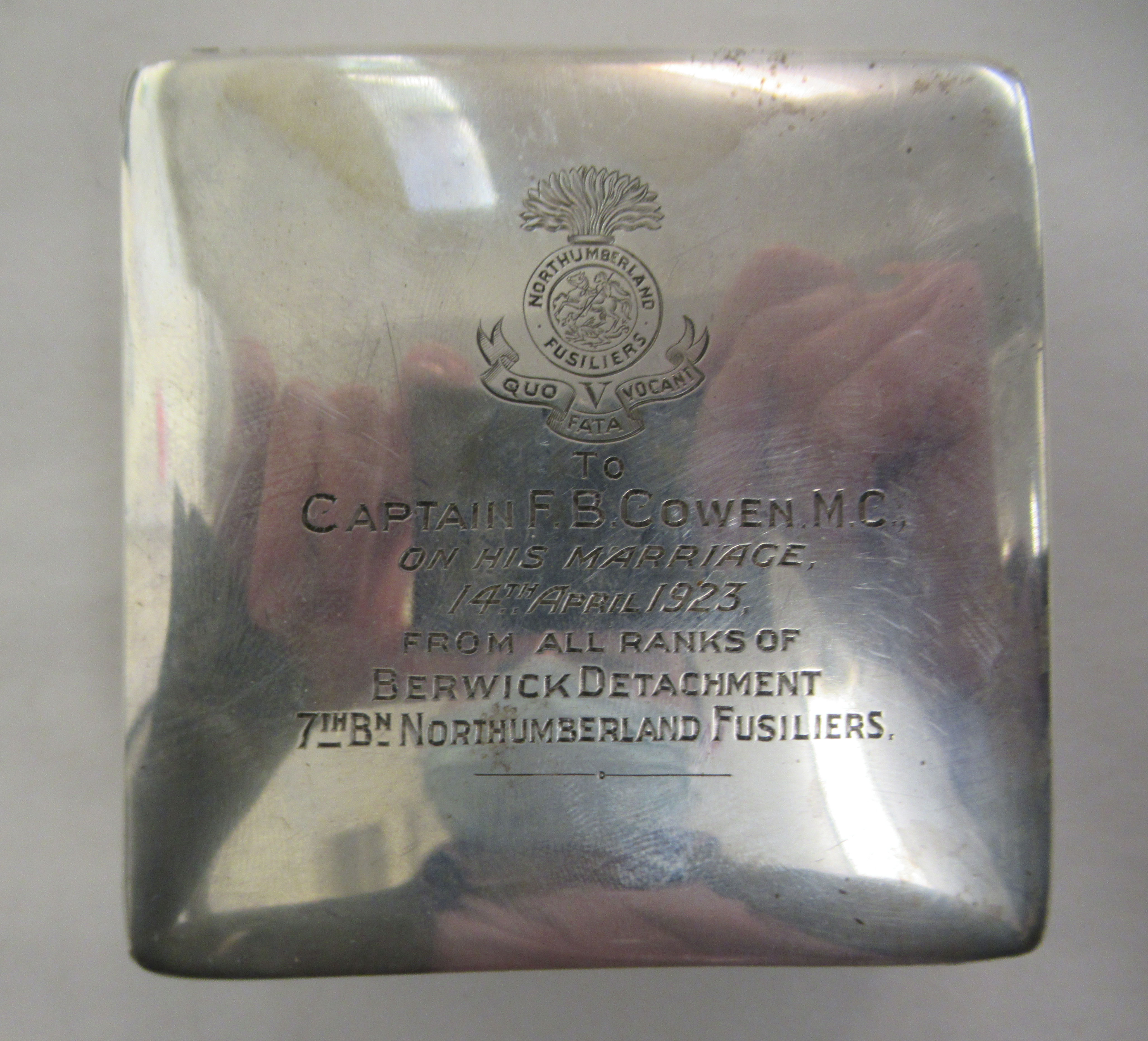 A silver cigarette case, the hinged lid inscribed 'Northumberland Fusiliers Captain F B Cowen MC' - Image 2 of 4