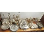 Silver plated tableware: to include a twin branch candelabrum  11"h  14"w; and bar accessories