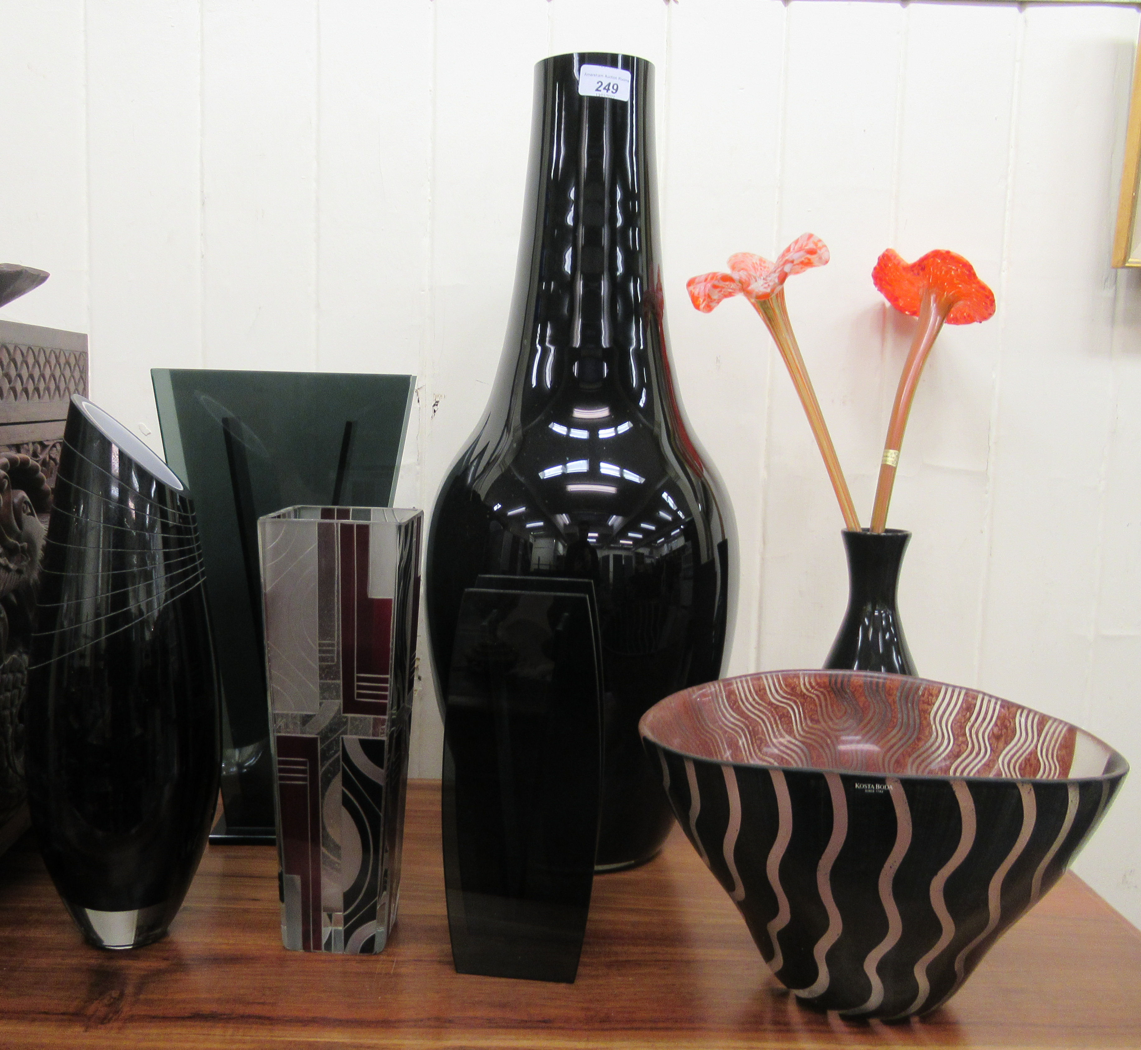 Decorative glassware: to include an Art Deco inspired multi-coloured vase of rectangular tapered