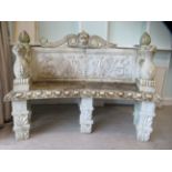 A carved marble terrace seat of in-curved design, featuring mythical birds, a lions' head and