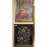 Two framed tapestry pictures, viz. a floral study  20" x 23" and a Victorian family portrait  18"