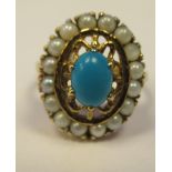 A 9ct gold claw set pearl and turquoise set cluster ring