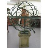 A green painted iron terrace armillary  48"dia, on a composition stone box pedestal  70"h overall