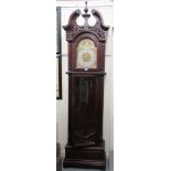 A modern mahogany finished longcase clock, the hood with a swan neck pediment and glazed pendulum