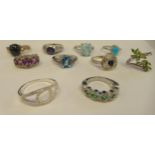 Ten variously gem set dress rings