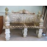 A carved marble terrace seat of in-curved design, featuring mythical birds, a lions' head and