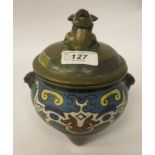 A 20thC Chinese bronze and cloisonné censer, surmounted by a dragon  bears a seal mark  7"h