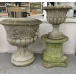 Composition stone garden pots: to include a pedestal urn with lion mask ornament, on a box plinth