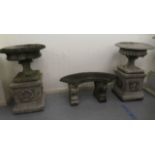 A composition stone terrace pedestal urn with egg and dart ornament, on a box plinth  40"h  26"dia