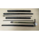 Various component parts of a black painted naturalistically cane (unidentified) walking stick/