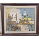 Bernard Dufour - a still life study, items on a kitchen table  oil on canvas  bears a signature  15"