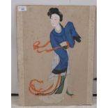 20thC Japanese School - a woman wearing traditional costume  watercolour on fabric, laid on card