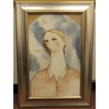 H De Clercq - a fantasy head and shoulders portrait, a young woman  oil on board  bears a