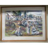 Asian School - people gathered in a field  watercolour  bears an indistinct mark  18" x 12"  framed