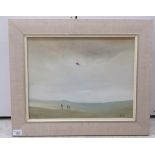 Derek Hare - three figures flying a kite in a barren landscape  oil on canvas  bears a signature &