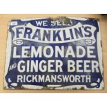 A vintage painted enamel sign for 'Franklins Lemonade & Ginger Beer, Rickmansworth'  15" x 20"