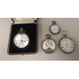 Four silver pocket watches: to include an example by John Elkan Ltd of London, faced by a Roman dial