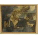 H De Clerq - a fantasy scene, figures with domestic pets, in a landscape  watercolour  bears a