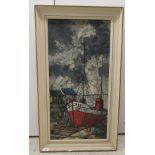 (Possibly) Oliver Ayres - a moored fishing boat  oil on canvas  bears an indistinct signature &
