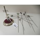 Silver collectables: to include hatpins, in a silver pin cushion  mixed marks