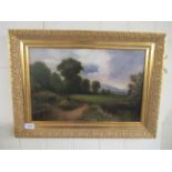 J Utley - a landscape with open fields and mountains beyond  oil on board  bears a signature  18"