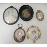 Five miniature portraits: to include a late Victorian example  1.75" x 1.5" in a gilt metal locket