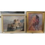 Two framed works by RG Trow - a profile portrait of an Asian woman  oil on board  bears a