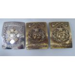 Two brass cross belt plates for 72 Duke of Albany's Own Highlanders; and a silver plated example for