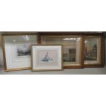 Four framed pictures/prints: to include sailing boats on choppy sea  mixed media  bears an