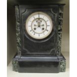 A mid 20thC marble and slate cased mantle timepiece; the movement faced by a Roman dial, on a plinth