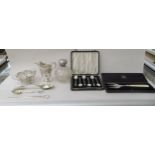 Silver collectables: to include spoons, a presentation fork and a meat skewer  mixed marks