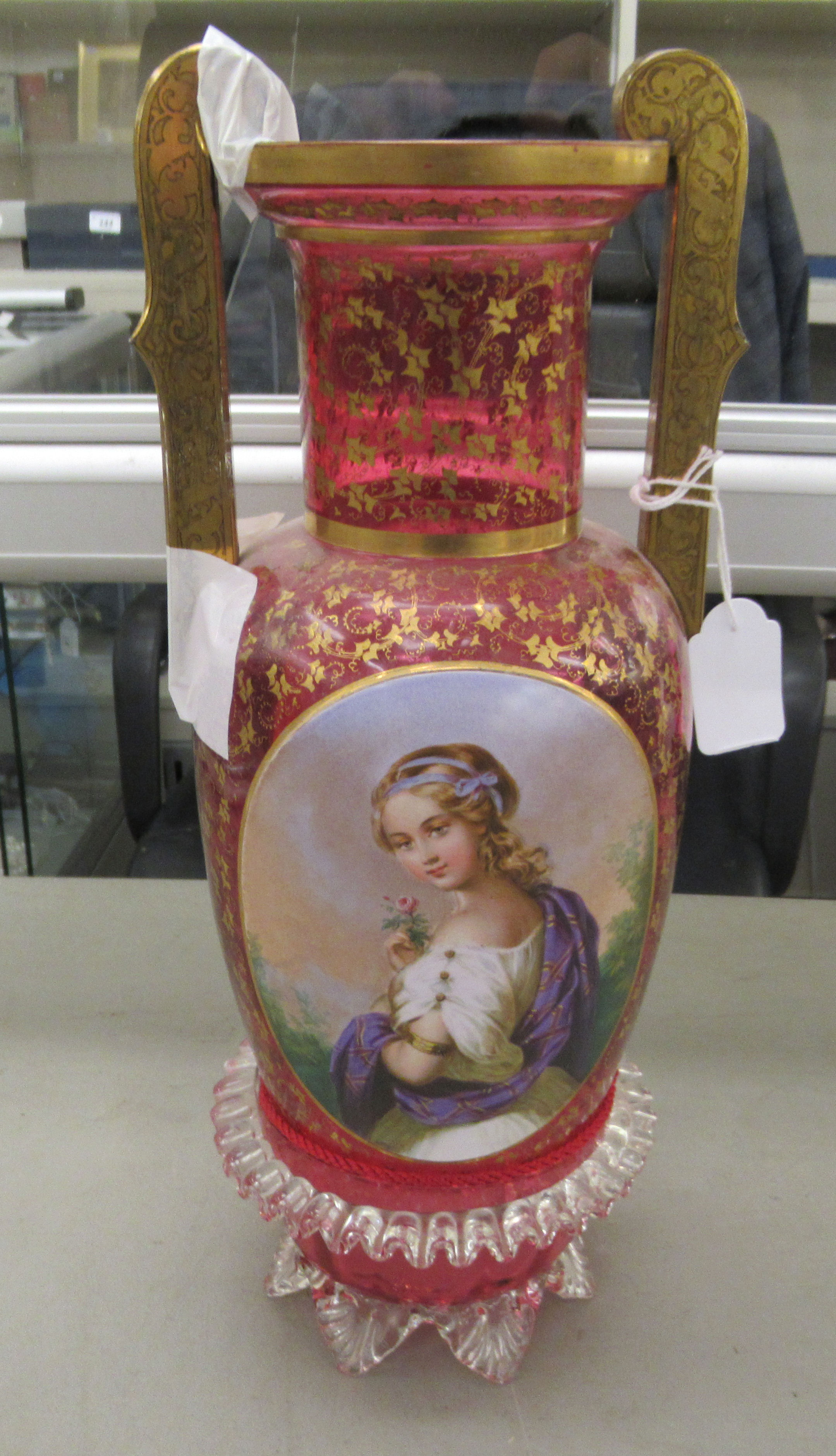 19thC and later glassware: to include a cranberry coloured floral and gilded twin handled vase  14"h - Image 5 of 5