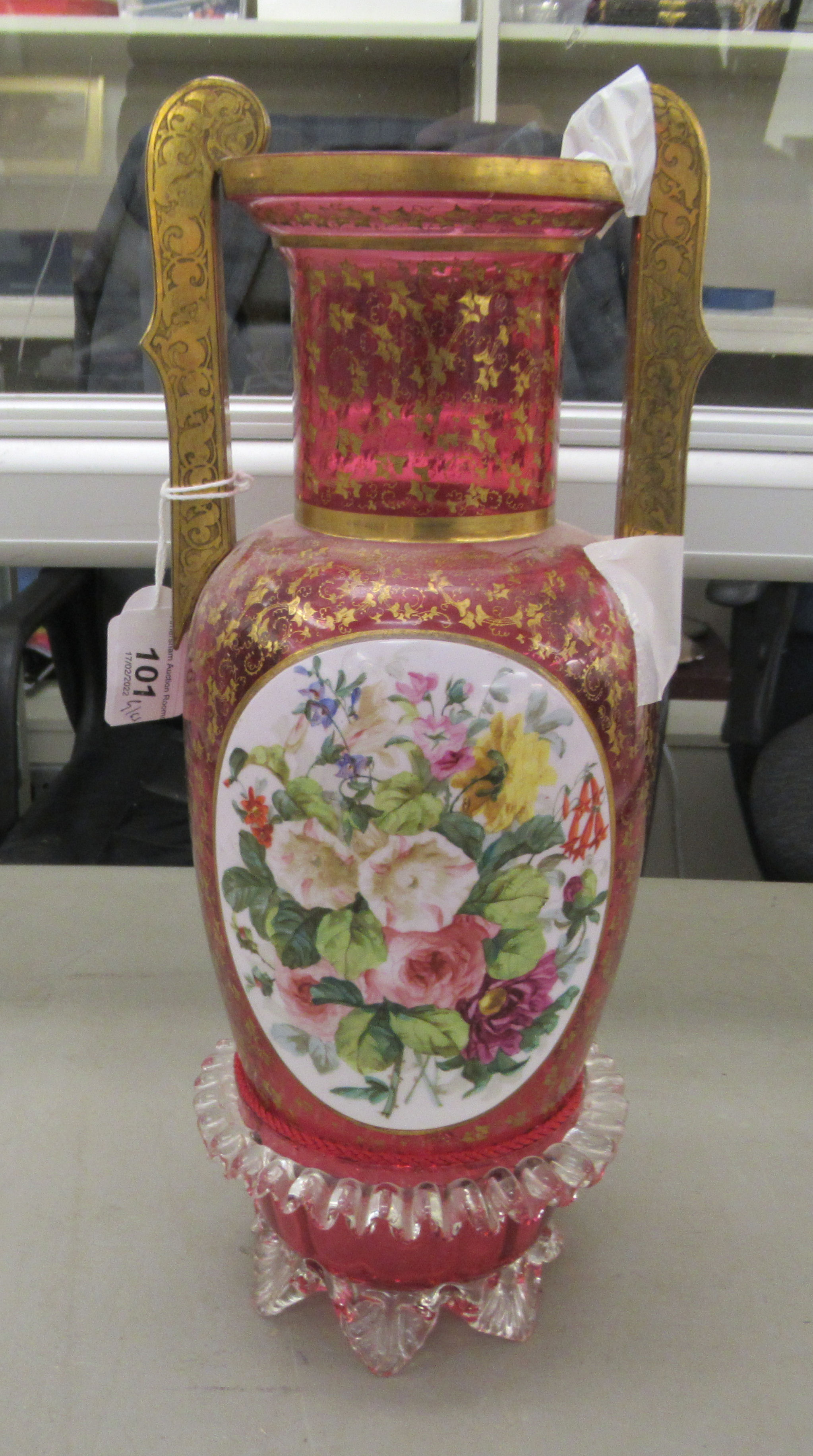 19thC and later glassware: to include a cranberry coloured floral and gilded twin handled vase  14"h - Image 4 of 5