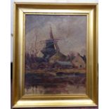 GL Nunn - 'Barge with windmill'  oil on board  bears a signature  11.5" x 9"  framed