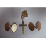 A pair of 9ct gold tablet design cufflinks; and a pendant cross on a fine neckchain