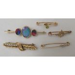 Five gold brooches, variously set with pearl and other coloured stones