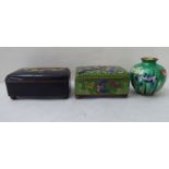 Two Japanese cloisonne boxes  2"h  3.5"w; and another enamel vase of squat, bulbous form, on
