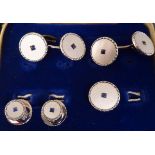 A pair of 9ct white gold mother-of-pearl and sapphire set dress shirt cufflinks; and two matching