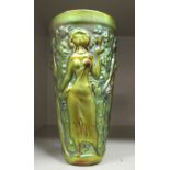 A Continental green/gold lustre glazed china beaker vase, decorated with standing maidens  6.25"h