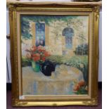 Xavier Rabous - a garden table with flowers and a teapot  oil on canvas  bears a signature  24" x