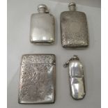 Silver collectables, viz. a card case; two hip flasks; and a combination vestal sovereign case